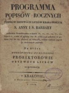Programma popisów rocznych uczniów obydwóch liceów krakowskich S. Anny i S. Barbary w Amfiteatrze Nowodworskim [...] na które prześwietną publiczność prorektorowie obydwóch liceów zapraszają