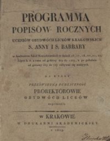 Programma popisów rocznych uczniów obydwóch liceów krakowskich S. Anny i S. Barbary w Amfiteatrze Nowodworskim [...] na które prześwietną publiczność prorektorowie obydwóch liceów zapraszają