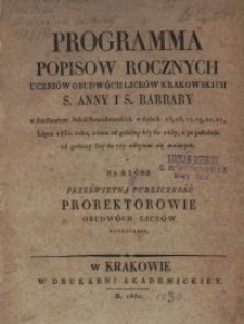 Programma popisów rocznych uczniów obudwóch liceów krakowskich S. Anny i S. Barbary w Amfiteatrze Nowodworskim [...] na które prześwietną publiczność prorektorowie obudwóch liceów zapraszają