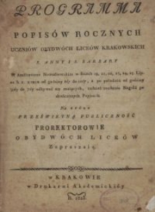 Programma popisów rocznych uczniów obydwóch liceów krakowskich S. Anny i S. Barbary [...] na które prześwietną publiczność prorektorowie obydwóch liceów zapraszają