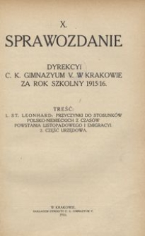 X. Sprawozdanie Dyrekcyi c. k. Gimnazyum V. w Krakowie za rok szkolny 1915/16