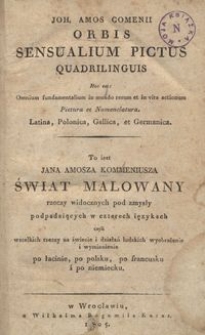 Orbis Sensualium Pictus Quadrilinguis, hoc est Omnium fundamentalium in mundo rerum et in vita actionum Pictura et Nomenclatura, Latina, Polonica, Gallica, et Germanica / Joh. Amos Comenii = To iest Jana Amosza Kommeniusza Świat Malowany rzeczy widocznych pod zmysły podpadaiących w czterech ięzykach czyli wszelkich rzeczy na świecie i działań ludzkich wyobrażenie i wymienienie po łacinie, po polsku, po francusku i po niemiecku