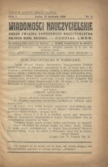 Wiadomości Nauczycielskie : organ Związku Zawodowego Nauczycielstwa Polskich Szkół Średnich. Oddział Lwów. R. 1, Nr 4